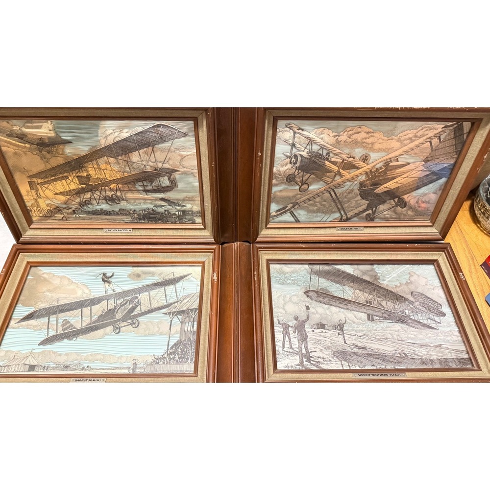 Vintage Framed Foil Art Prints Set of 4 Early Aviation Wright Brothers Biplanes